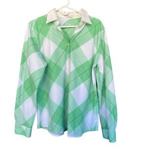 Foxcroft Womens Button Up Shirt Large Diamond Print St Pattys Collared Office
